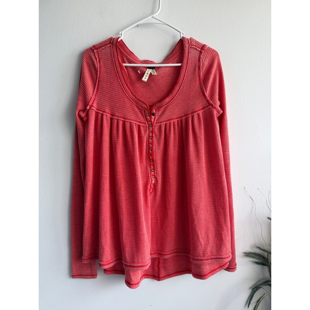 We The Free Free People Womens Small Coral Red Waffle Knit Henley Thermal Top